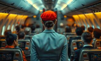 Stewardess in red beret stands in the aisle of the passenger cabin of the aircraft photo