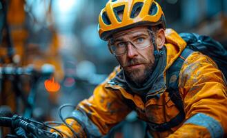 Man dressed in bright orange jacket and helmet is sitting on his bicycle in the city. photo