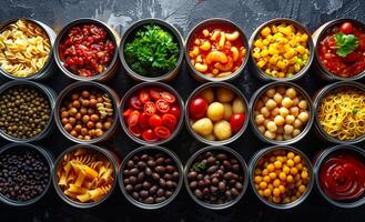 Assorted pasta and vegetables in the pots photo