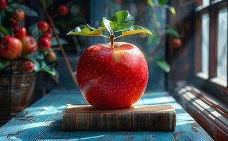 Red apple and book on blue wooden table photo