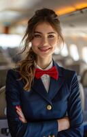 A smiling flight attendant standing in an airplane photo