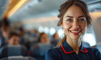 Beautiful air hostess smiling while standing in the airplane photo