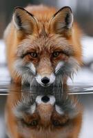 Red fox drinking water from pond. A fox drinking water from the lake photo