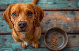 Dog is sitting next to bowl of food. Beagle puppy dog with empty food bowl looking up for food photo