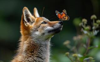 Red fox sniffs butterfly on its nose. An animal in nature playing with a butterfly on its nose and howling photo