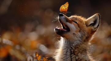 An animal in nature playing with a butterfly on its nose and howling photo