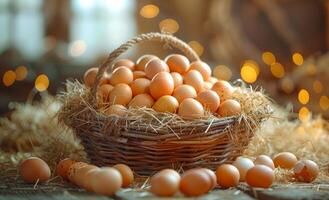 Fresh organic eggs in basket on wooden rustic background photo