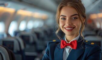 Beautiful air hostess in blue uniform is looking at camera and smiling while standing in the airplane photo