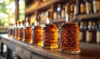 Rows of whiskey bottles on shelf in distillery photo