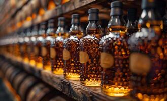 Rows of bottles of whisky on shelf in distillery photo