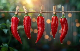 Red chili peppers on rope in the garden photo