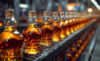 Glass bottles are moving along the conveyor at whisky distillery photo