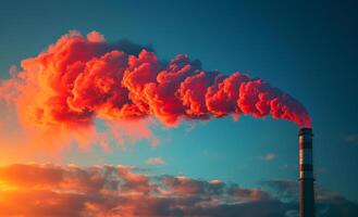 Industrial pipe emits red smoke into the sky polluting the environment photo