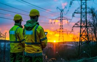 Two workers in high vis jackets stand in front of sunset and power lines photo