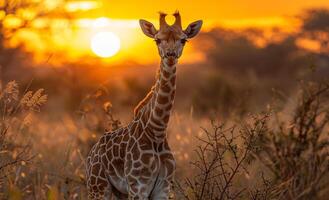 Giraffe is sitting in the grass and looking at the camera with beautiful sunset in the background. photo