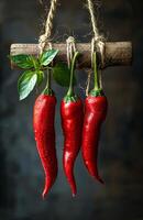 Three red hot chili peppers hanging on branch photo