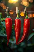Red chili peppers hang on rope in the garden photo