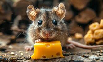 Close-up young mouse nibbles cheese on the background of the forest photo