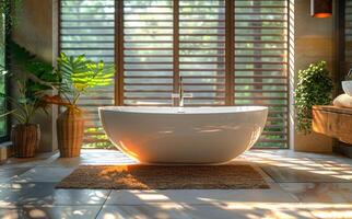 Modern bathroom interior with white round tub double sink and large window with blinds photo