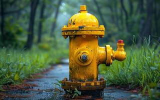 Yellow fire hydrant is sitting on wet road in forest. photo