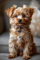 Cute little yorkshire terrier sits on couch and looks at the camera photo