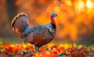 Wild Turkey or Common Wild Turkey with its tail feathers fanned out standing on the forest floor photo