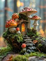 Decorative mushrooms and small house in the forest photo