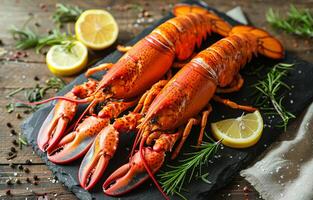 Two delicious lobsters with lemons and rosemary on stone plate photo