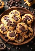 Chocolate chip cookies on plate. A platter of freshly baked chocolate chip cookies photo