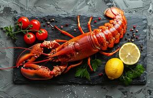 Lobster and vegetables on black stone plate photo