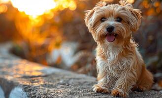 Cute little dog is sitting on the rock in the evening photo