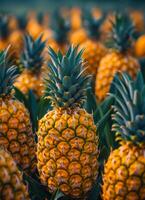 Pineapples in field. Field of pineapple plants with large and tall leaves on both sides of the road photo