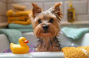 Yorkshire terrier taking bath with toy duck photo