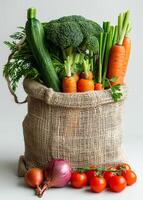 Fresh vegetables in sack. A large net bag filled with vegetables photo