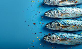 Raw fish mackerel on blue background with spices top view copy space. photo
