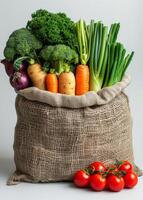 Burlap sack filled with fresh vegetables on white background photo