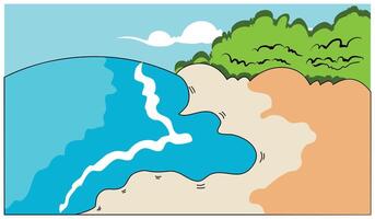 illustration of a beach scene with white sand and a cluster of trees around it. Simple beach scene background with bright colors for various design purposes. vector