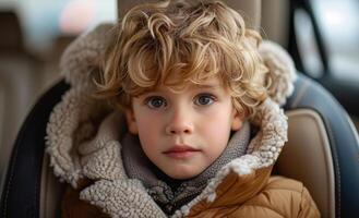 Little boy is sitting in car with warm winter jacket on and scarf on his neck. photo
