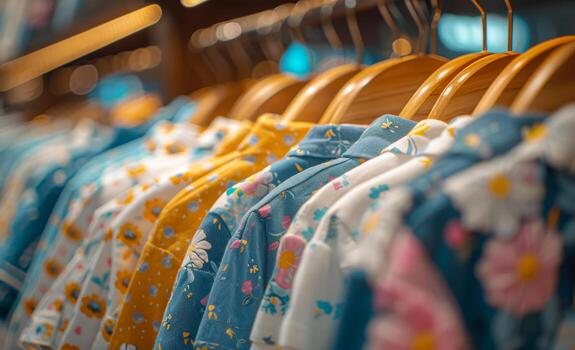 para niños ropa en perchas en almacenar. niños ropa colgando en perchas en el tienda foto