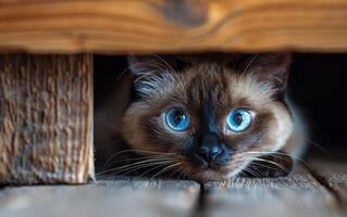 Siamese cat hiding under the table. A Siamese cat's eyes peek out from the bottom photo