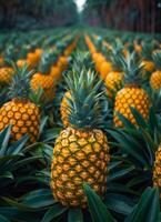Pineapples in plantation. Field of pineapple plants with large and tall leaves on both sides of the road photo