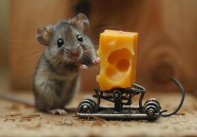 Mouse and cheese in mousetrap. A small grey mouse photo