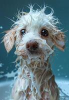 Wet dog is bathed in bathtub with soapy suds photo