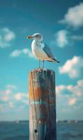 Seagull sitting on wooden pole. A photo of an seagull on top of wooden post