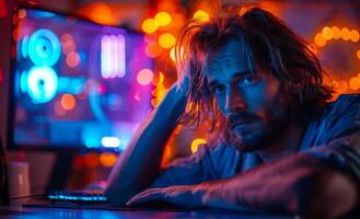 Tired young man is sitting at the table with computer in dark room with neon lights. photo