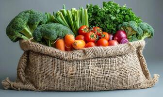Fresh vegetables in burlap bag on gray background photo