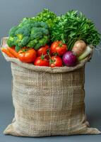 Fresh vegetables in sack. A large net bag filled with vegetables photo
