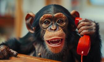 Chimpanzee using red phone. A smiling monkey photo