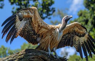 Griffon vulture spreading its wings on tree photo