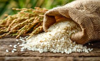 Uncooked white rice in burlap bag and rice plant on wooden table with the rice field background photo